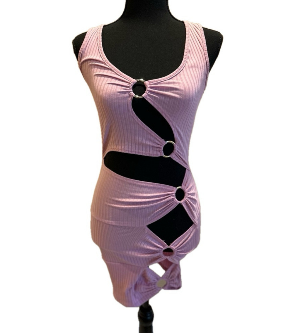 MAY PINK RIBBED DRESS WITH SILVER CUT OUT DETAIL